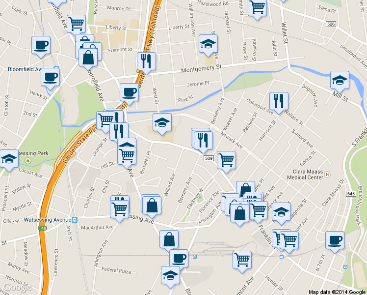 map of restaurants, bars, coffee shops, grocery stores, and more near 165 Franklin Street in Bloomfield