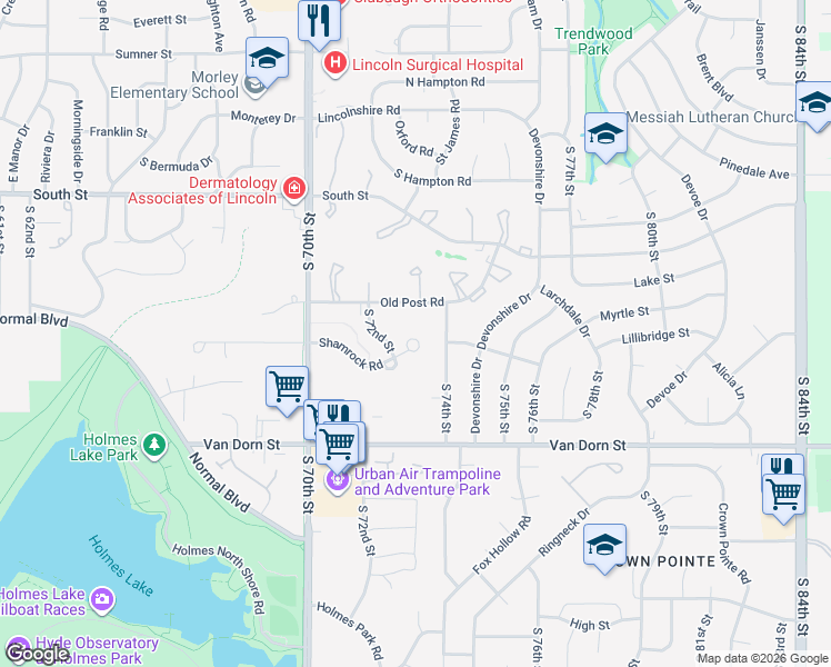 map of restaurants, bars, coffee shops, grocery stores, and more near 7230 Shamrock Court in Lincoln