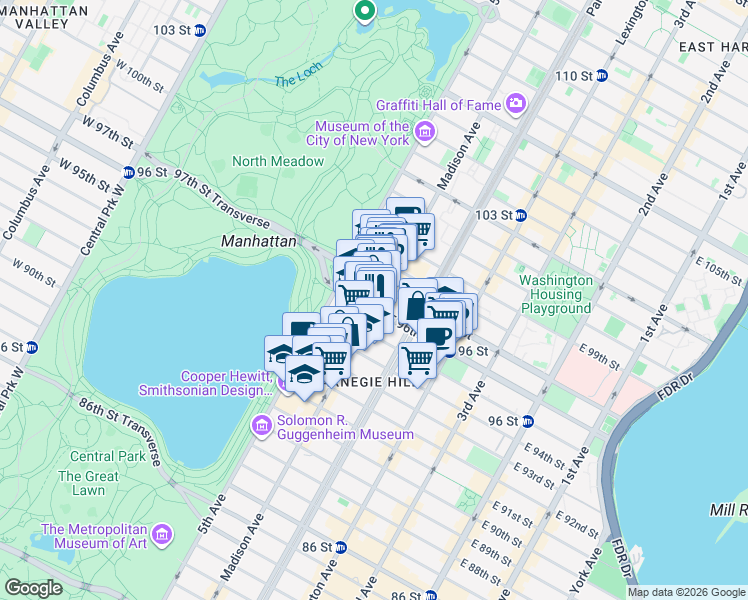 map of restaurants, bars, coffee shops, grocery stores, and more near 12 East 97th Street in New York