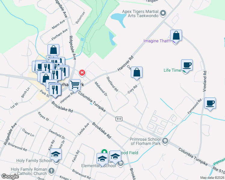 map of restaurants, bars, coffee shops, grocery stores, and more near 4 Shetland Road in Florham Park