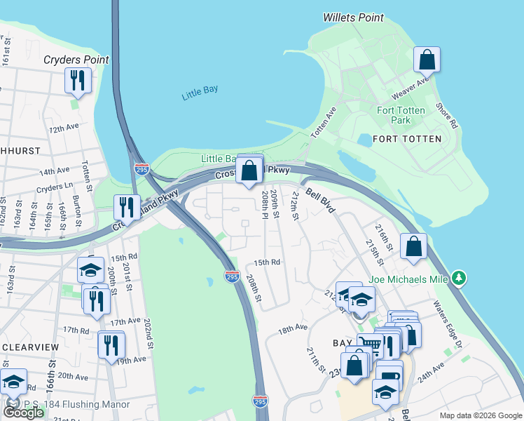 map of restaurants, bars, coffee shops, grocery stores, and more near 12-23 Diane Place in Queens