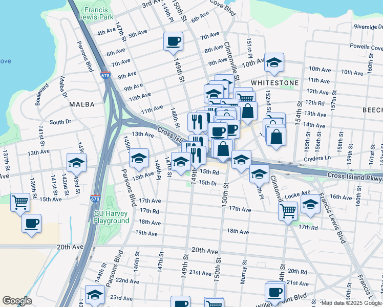 map of restaurants, bars, coffee shops, grocery stores, and more near 14824 Cross Island Parkway in Queens