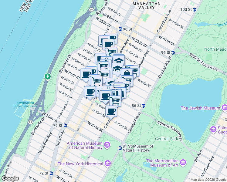 map of restaurants, bars, coffee shops, grocery stores, and more near 136 West 87th Street in New York