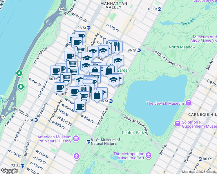map of restaurants, bars, coffee shops, grocery stores, and more near 32 West 89th Street in New York