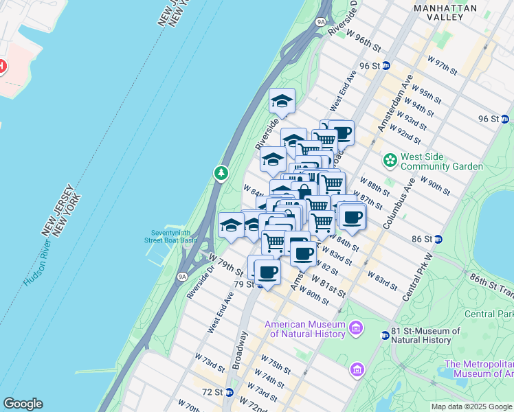 map of restaurants, bars, coffee shops, grocery stores, and more near 323 West 83rd Street in New York