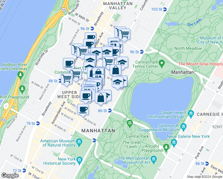map of restaurants, bars, coffee shops, grocery stores, and more near 36 West 89th Street in New York