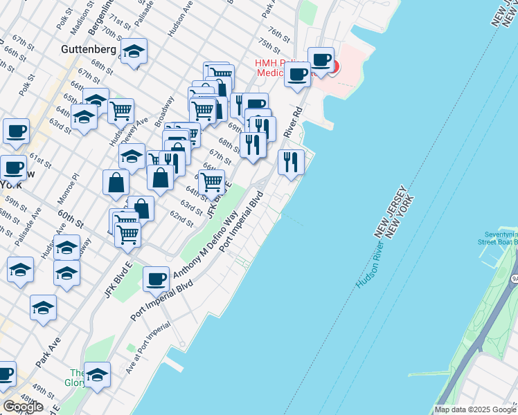 map of restaurants, bars, coffee shops, grocery stores, and more near 251 Halfmoon Court in West New York