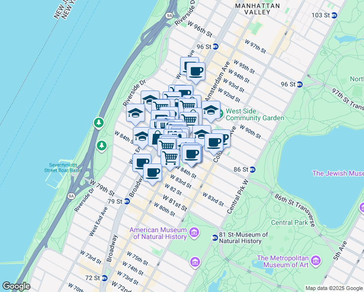 map of restaurants, bars, coffee shops, grocery stores, and more near 200 West 86th Street in New York