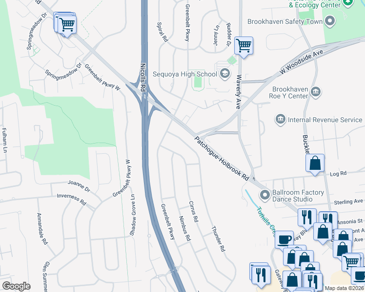 map of restaurants, bars, coffee shops, grocery stores, and more near 261 Thunder Road in Holbrook
