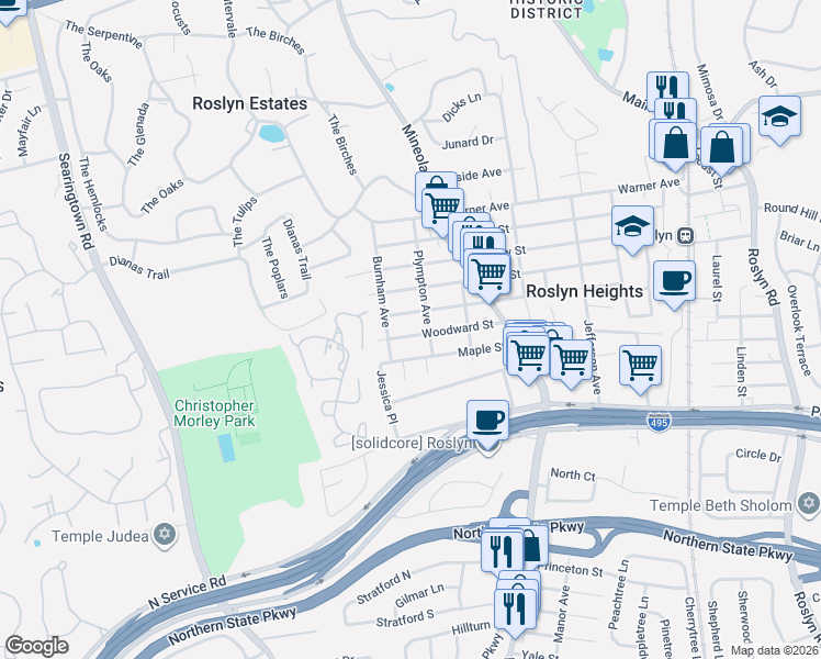 map of restaurants, bars, coffee shops, grocery stores, and more near 18 Villa Street in Roslyn Heights