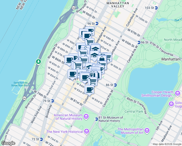 map of restaurants, bars, coffee shops, grocery stores, and more near 138 West 87th Street in New York