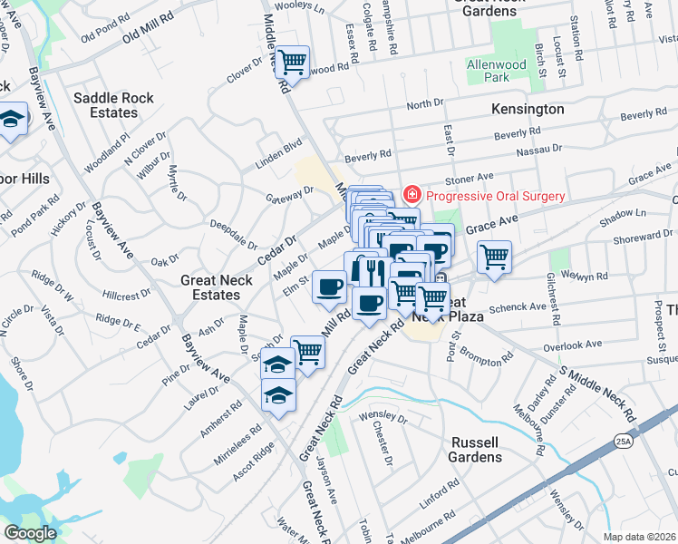 map of restaurants, bars, coffee shops, grocery stores, and more near 24 Elm Street in Great Neck