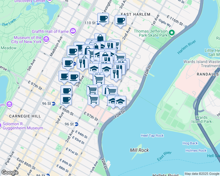 map of restaurants, bars, coffee shops, grocery stores, and more near 333 East 102nd Street in New York