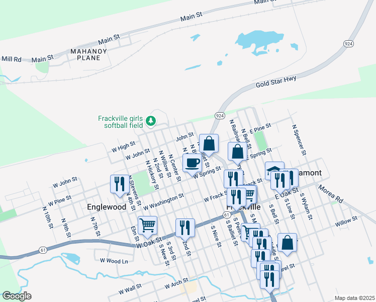 map of restaurants, bars, coffee shops, grocery stores, and more near 219 North Nice Street in Frackville