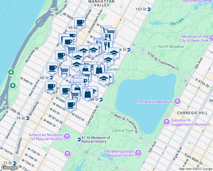 map of restaurants, bars, coffee shops, grocery stores, and more near 293 Central Park West in New York