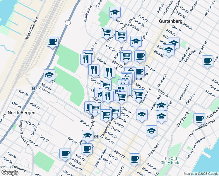 map of restaurants, bars, coffee shops, grocery stores, and more near 575 57th Street in West New York