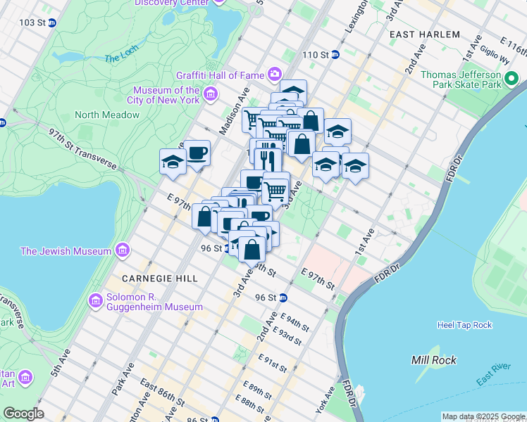 map of restaurants, bars, coffee shops, grocery stores, and more near 161 East 99th Street in New York