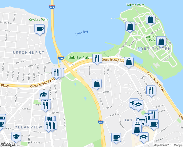map of restaurants, bars, coffee shops, grocery stores, and more near 207-16 Melissa Court in Queens