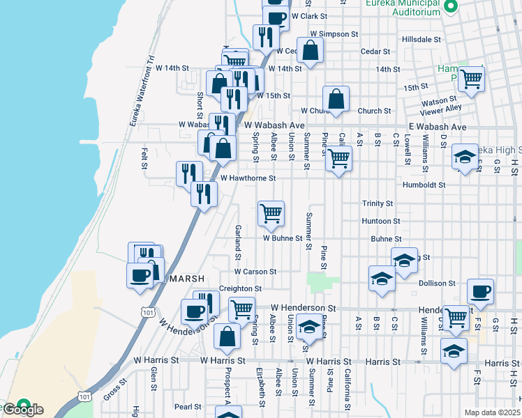 map of restaurants, bars, coffee shops, grocery stores, and more near 2154 Spring Street in Eureka