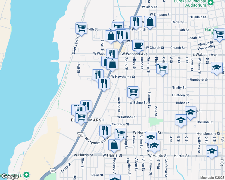 map of restaurants, bars, coffee shops, grocery stores, and more near 2160 Fairfield Street in Eureka