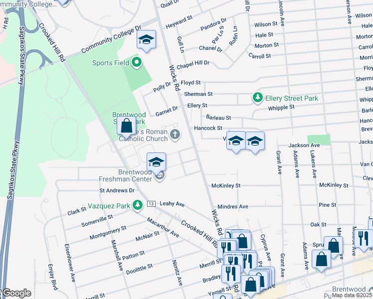map of restaurants, bars, coffee shops, grocery stores, and more near 77 Walter Street in Brentwood