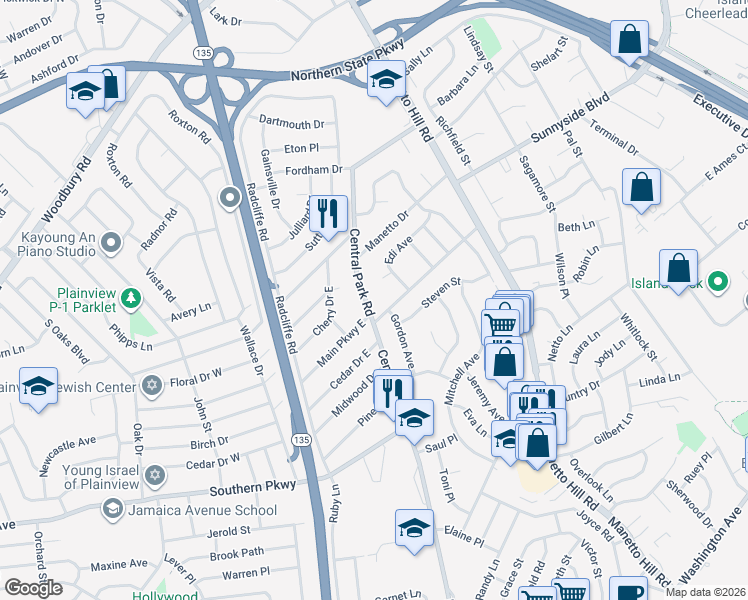 map of restaurants, bars, coffee shops, grocery stores, and more near 1 Central Park Road in Plainview