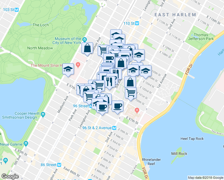 map of restaurants, bars, coffee shops, grocery stores, and more near in New York