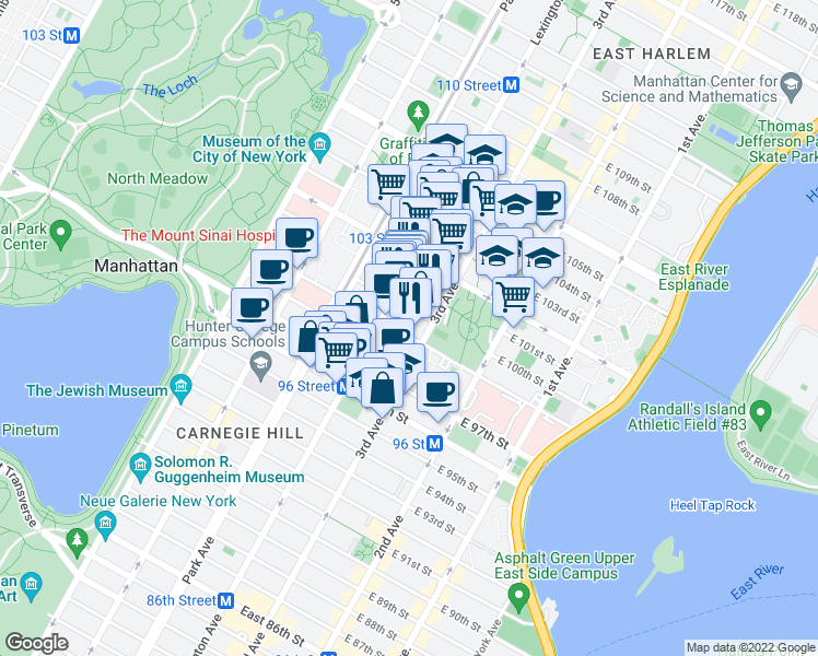 map of restaurants, bars, coffee shops, grocery stores, and more near in New York