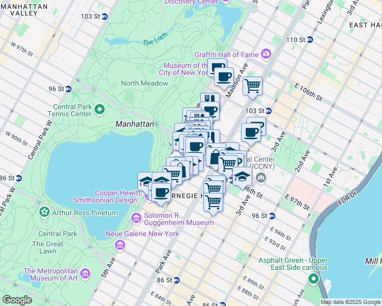 map of restaurants, bars, coffee shops, grocery stores, and more near 12 East 97th Street in New York