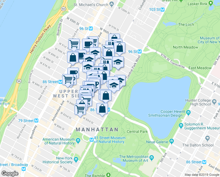 map of restaurants, bars, coffee shops, grocery stores, and more near 47 West 89th Street in New York