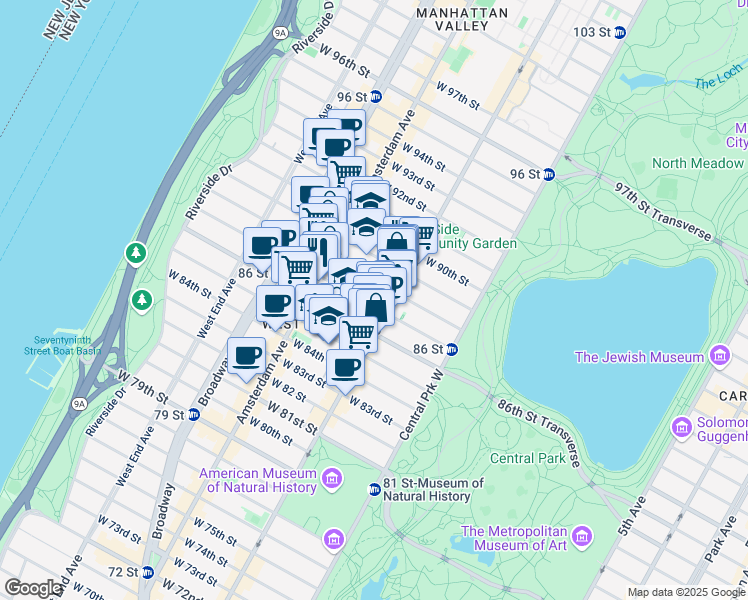 map of restaurants, bars, coffee shops, grocery stores, and more near 136 West 88th Street in New York