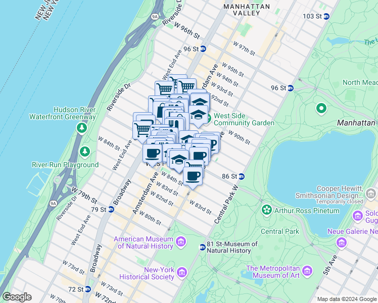 map of restaurants, bars, coffee shops, grocery stores, and more near 560 Amsterdam Avenue in New York