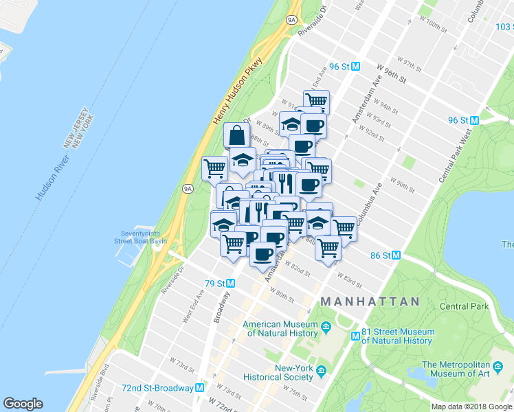 map of restaurants, bars, coffee shops, grocery stores, and more near 514 West End Avenue in New York