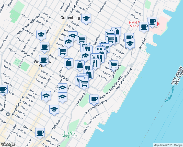 map of restaurants, bars, coffee shops, grocery stores, and more near 6311 Park Avenue in West New York