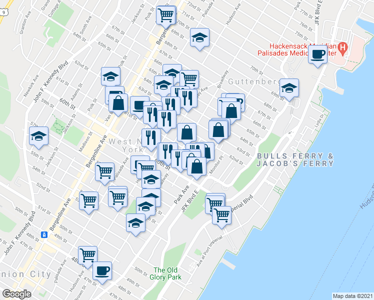 map of restaurants, bars, coffee shops, grocery stores, and more near in West New York