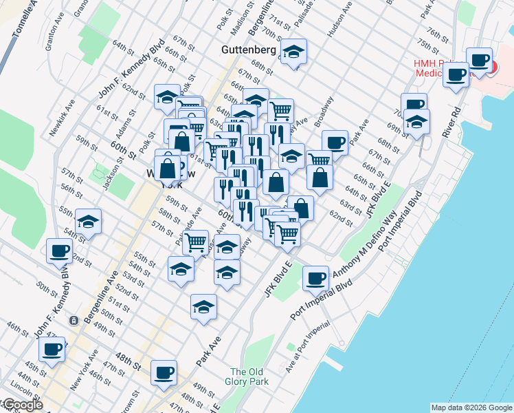 map of restaurants, bars, coffee shops, grocery stores, and more near 6032 Hudson Avenue in West New York