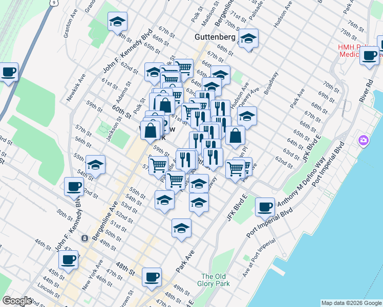 map of restaurants, bars, coffee shops, grocery stores, and more near 6015 Monroe Place in West New York