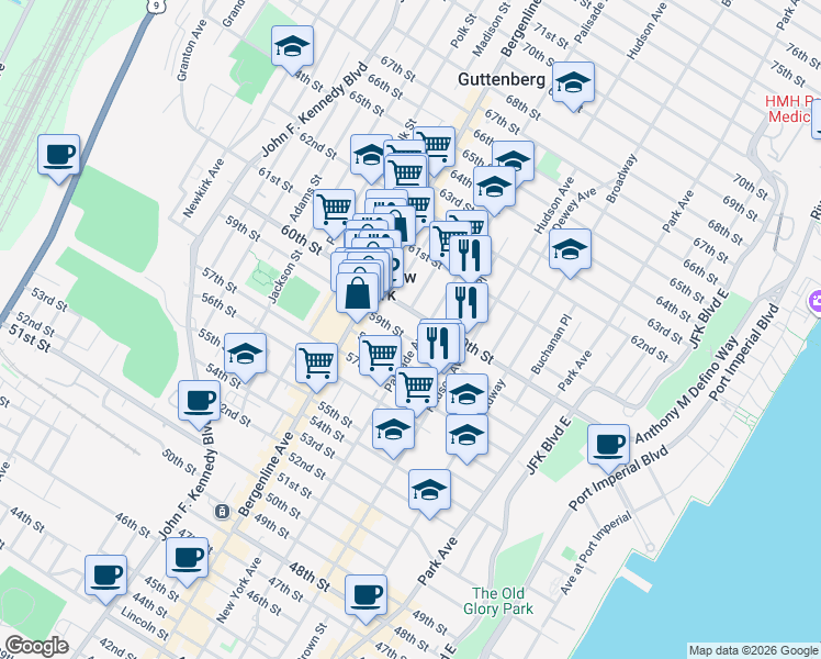 map of restaurants, bars, coffee shops, grocery stores, and more near in West New York