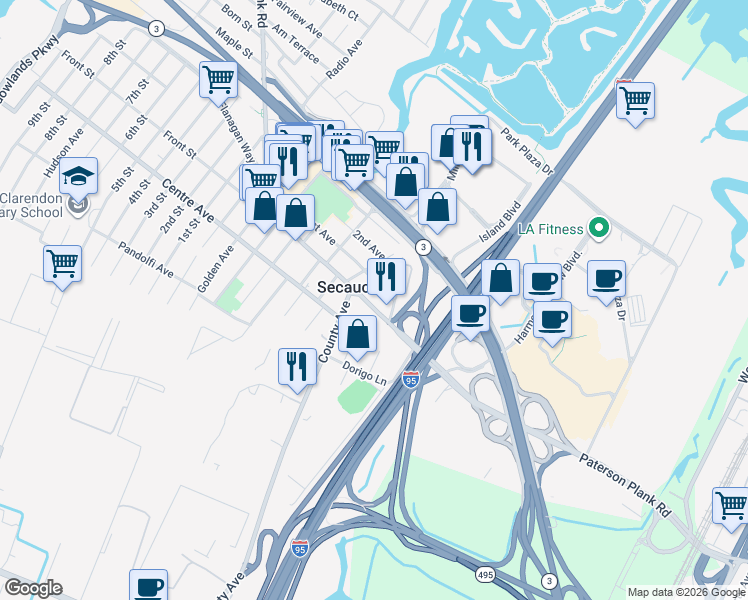 map of restaurants, bars, coffee shops, grocery stores, and more near 1175 Cedar Lane in Secaucus