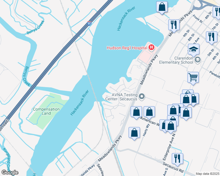 map of restaurants, bars, coffee shops, grocery stores, and more near 191 Sandcastle Key in Secaucus