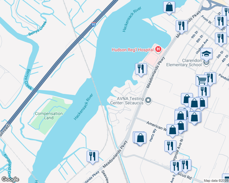 map of restaurants, bars, coffee shops, grocery stores, and more near 191 Sandcastle Key in Secaucus