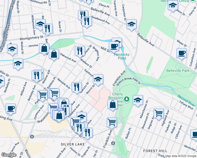 map of restaurants, bars, coffee shops, grocery stores, and more near 44 Sanford Avenue in Belleville