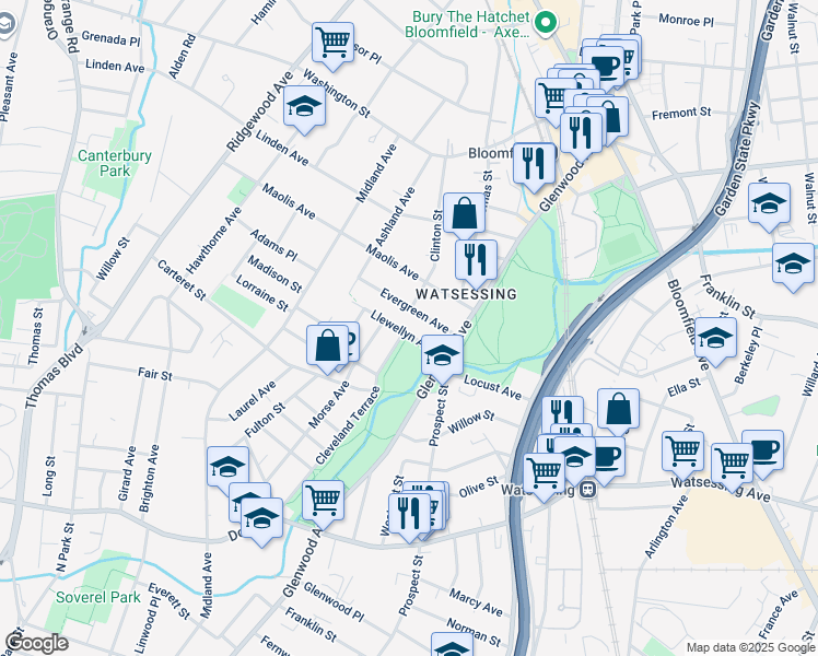 map of restaurants, bars, coffee shops, grocery stores, and more near 42 Evergreen Avenue in Bloomfield