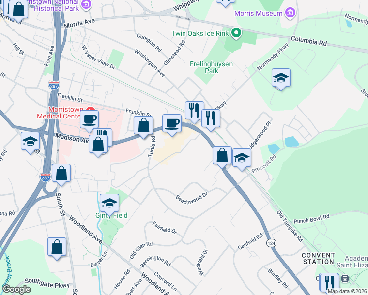 map of restaurants, bars, coffee shops, grocery stores, and more near 111 Village Drive in Morristown