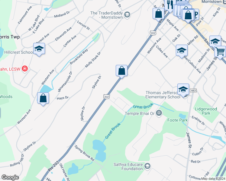 map of restaurants, bars, coffee shops, grocery stores, and more near 114 Mount Kemble Avenue in Morristown