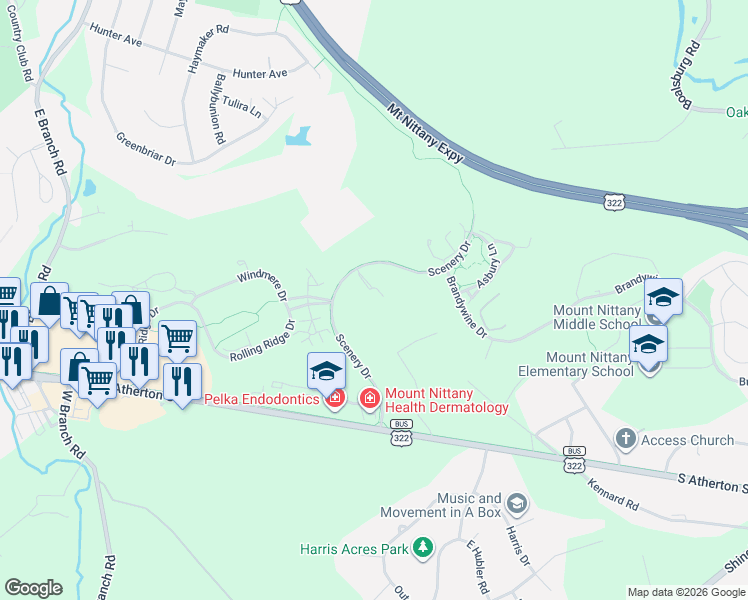 map of restaurants, bars, coffee shops, grocery stores, and more near 401-499 Scenery Drive in State College