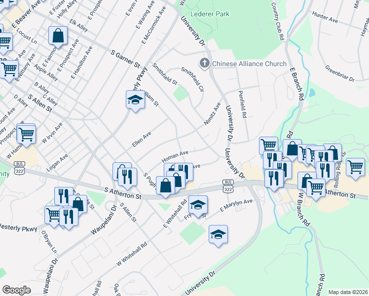 map of restaurants, bars, coffee shops, grocery stores, and more near 300-330 Nimitz Avenue in State College