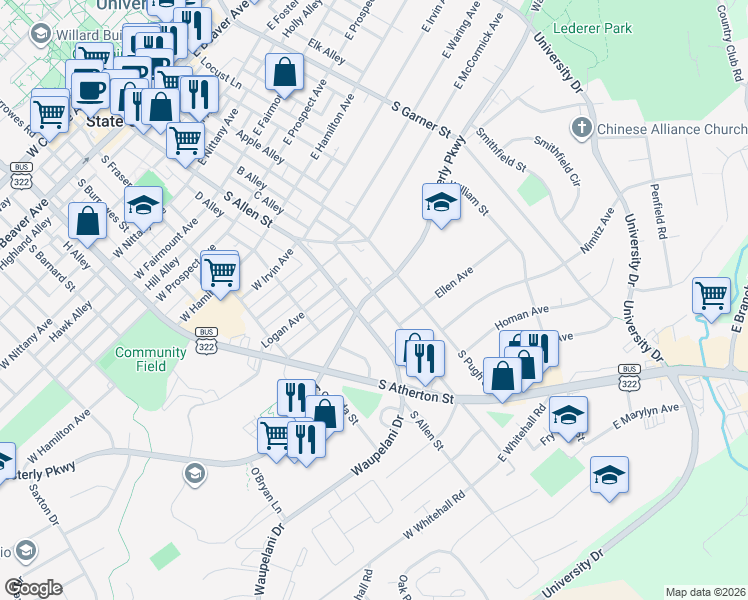 map of restaurants, bars, coffee shops, grocery stores, and more near 1012 Old Boalsburg Road in State College