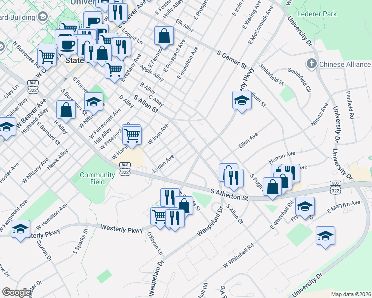 map of restaurants, bars, coffee shops, grocery stores, and more near 916 South Allen Street in State College