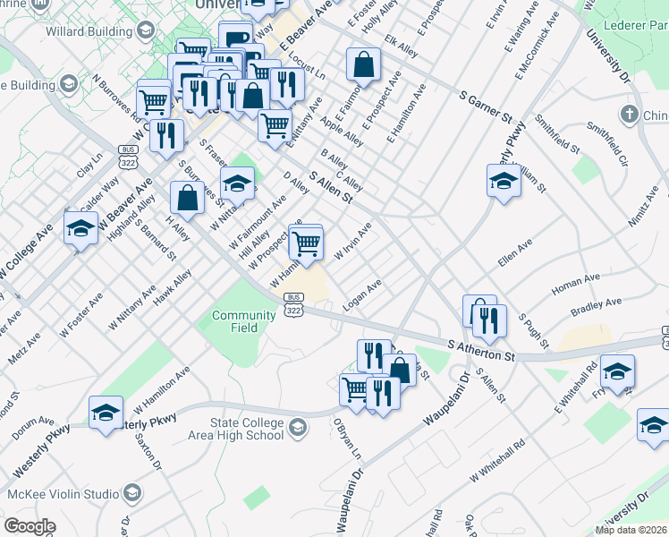 map of restaurants, bars, coffee shops, grocery stores, and more near 218 West Irvin Avenue in State College